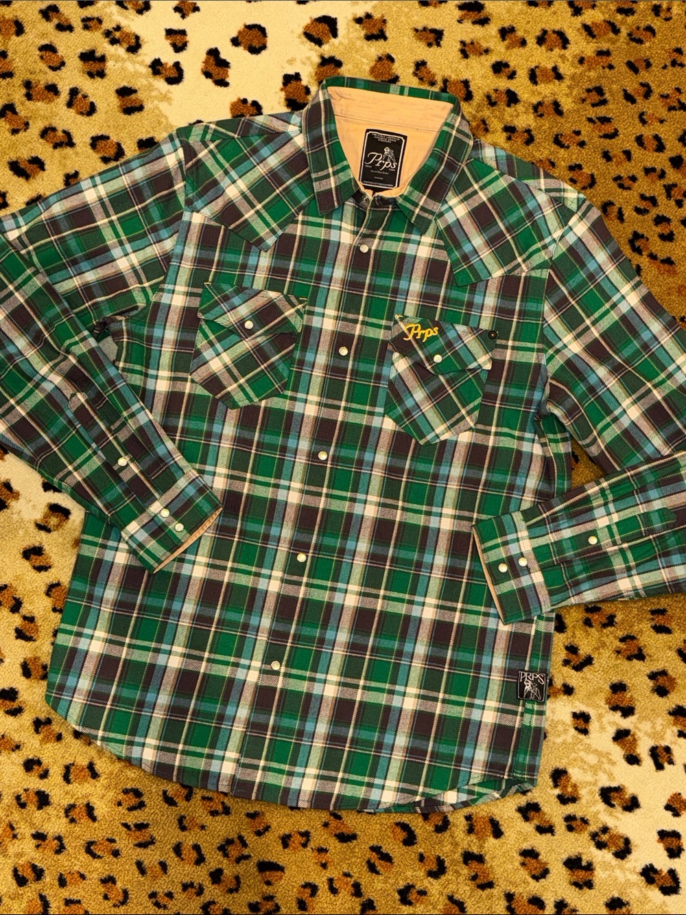 PRPS Green and Black Plaid Western Button-Down Shirt